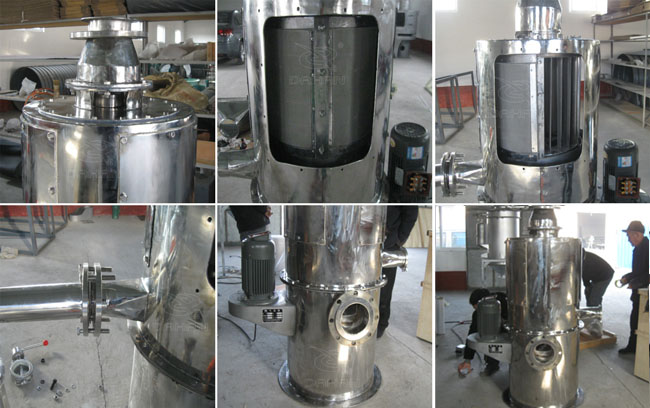 小型立式氣流篩細節(jié)：立式氣流篩篩網，立式氣流篩出料口，立式氣流篩電機。